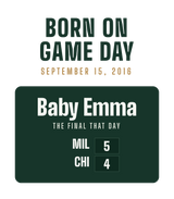 Baby bodysuit with a personalized box score design