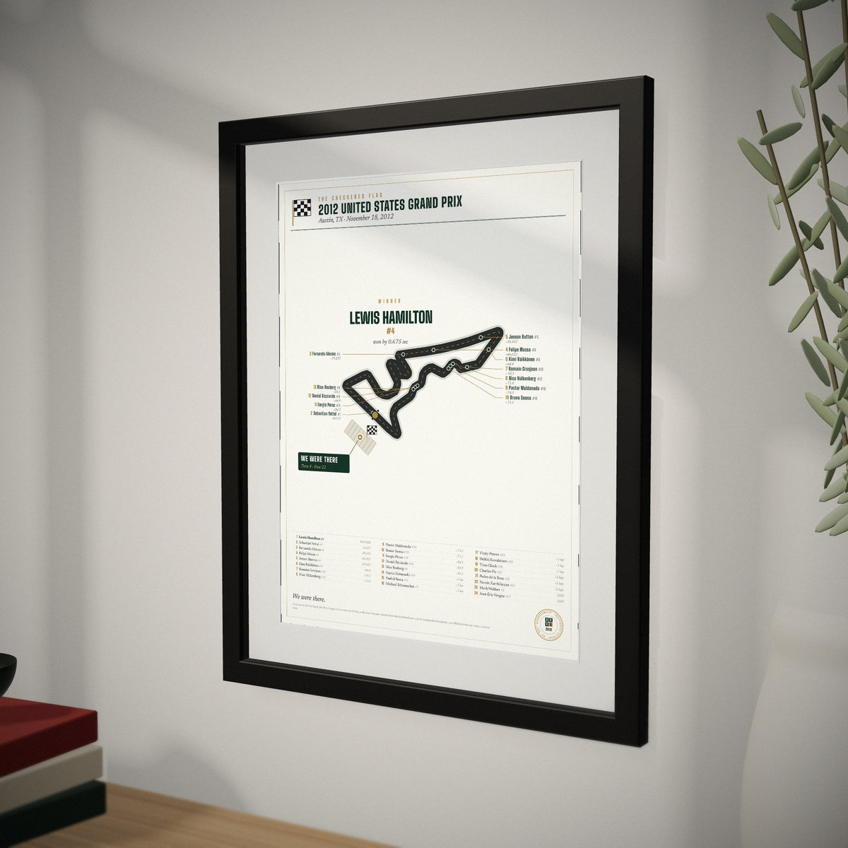 2012 United States Grand Prix Finish Print up close, showing the frame and mat