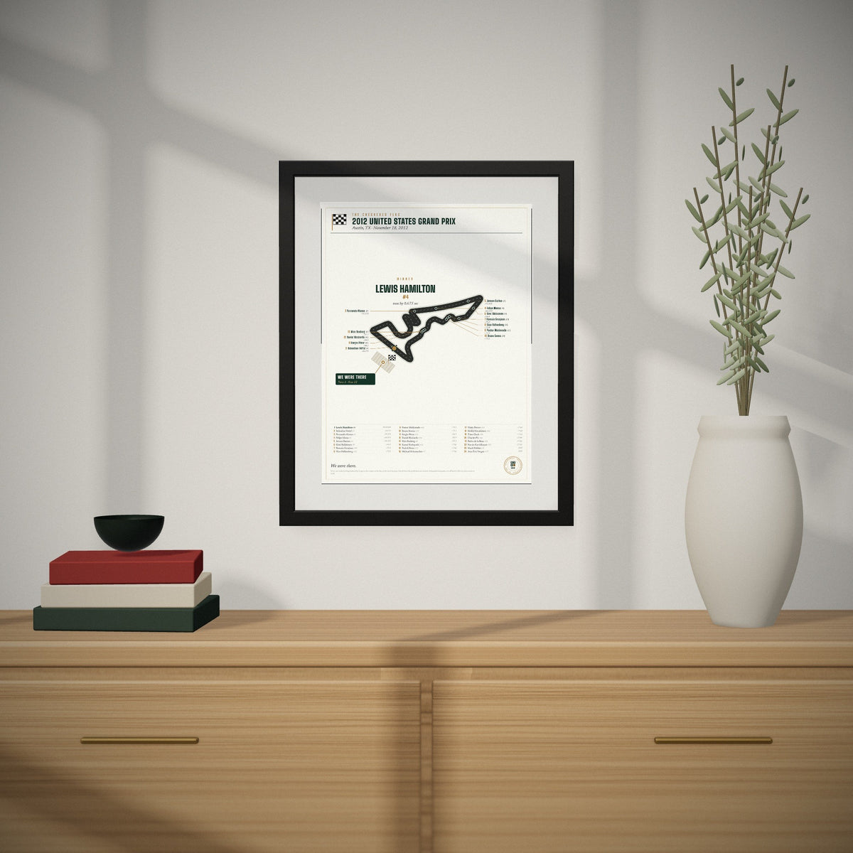 2012 United States Grand Prix Finish Print hanging over a console table