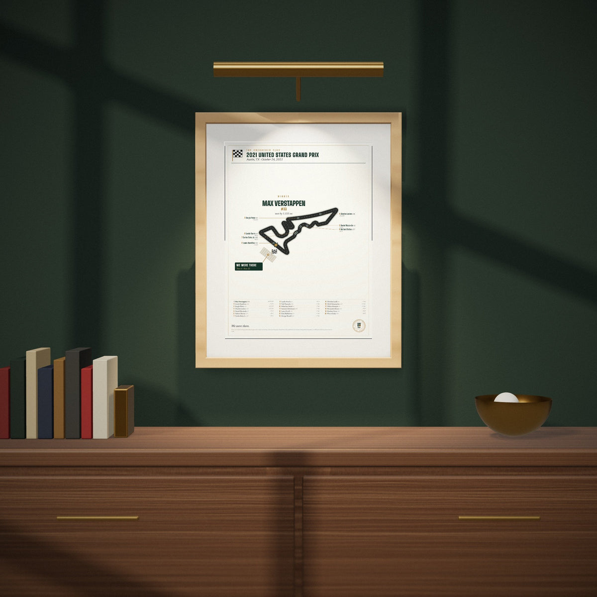 2021 United States Grand Prix Finish Print on a dark green wall under a picture light