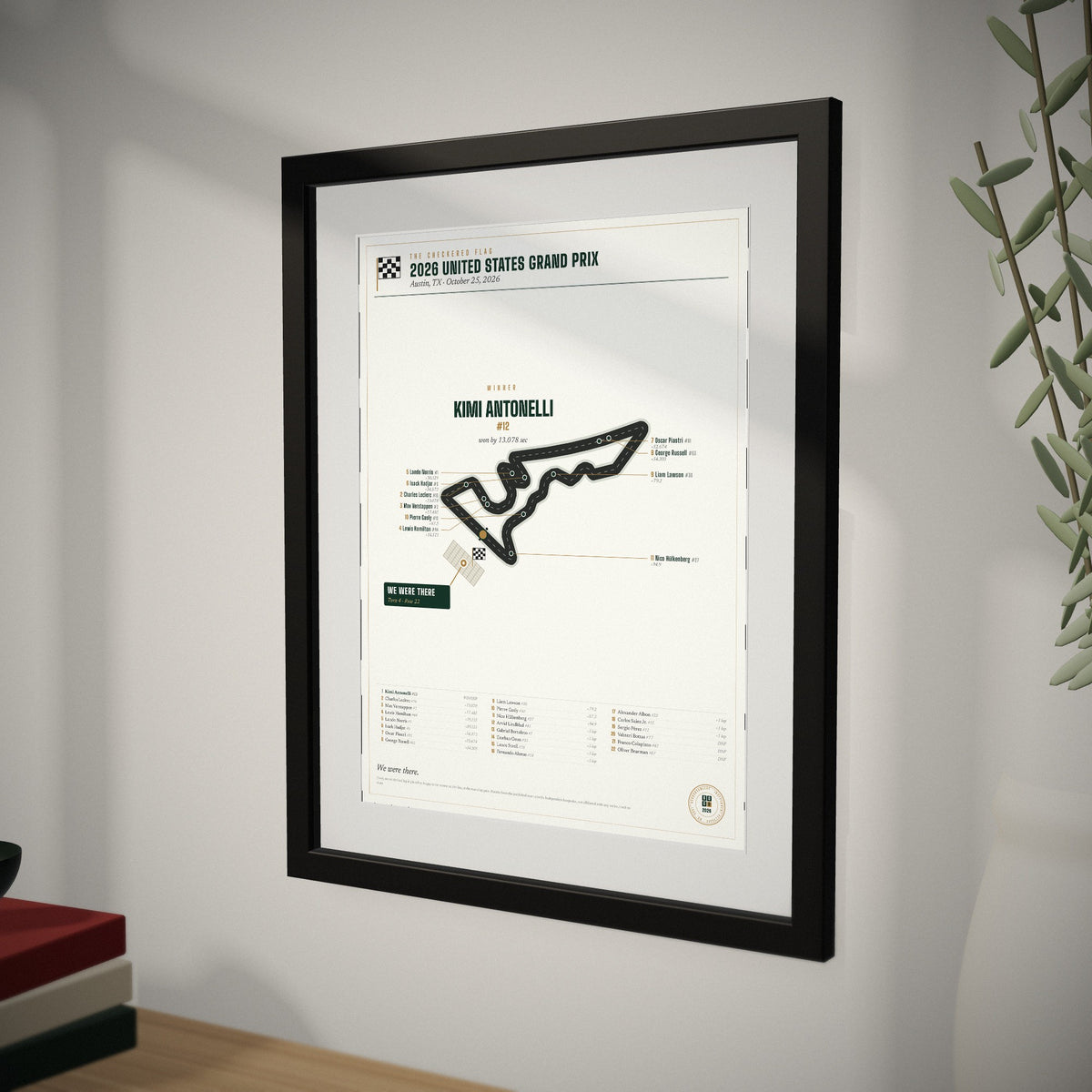 2026 United States Grand Prix Finish Print up close, showing the frame and mat