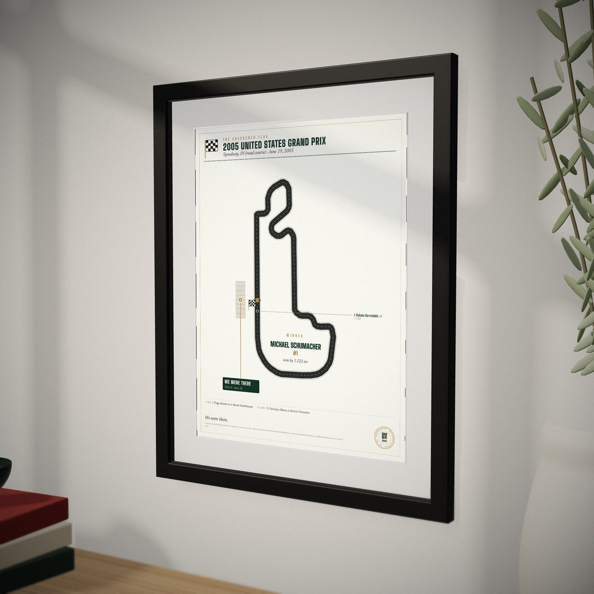 2005 United States Grand Prix Finish Print up close, showing the frame and mat