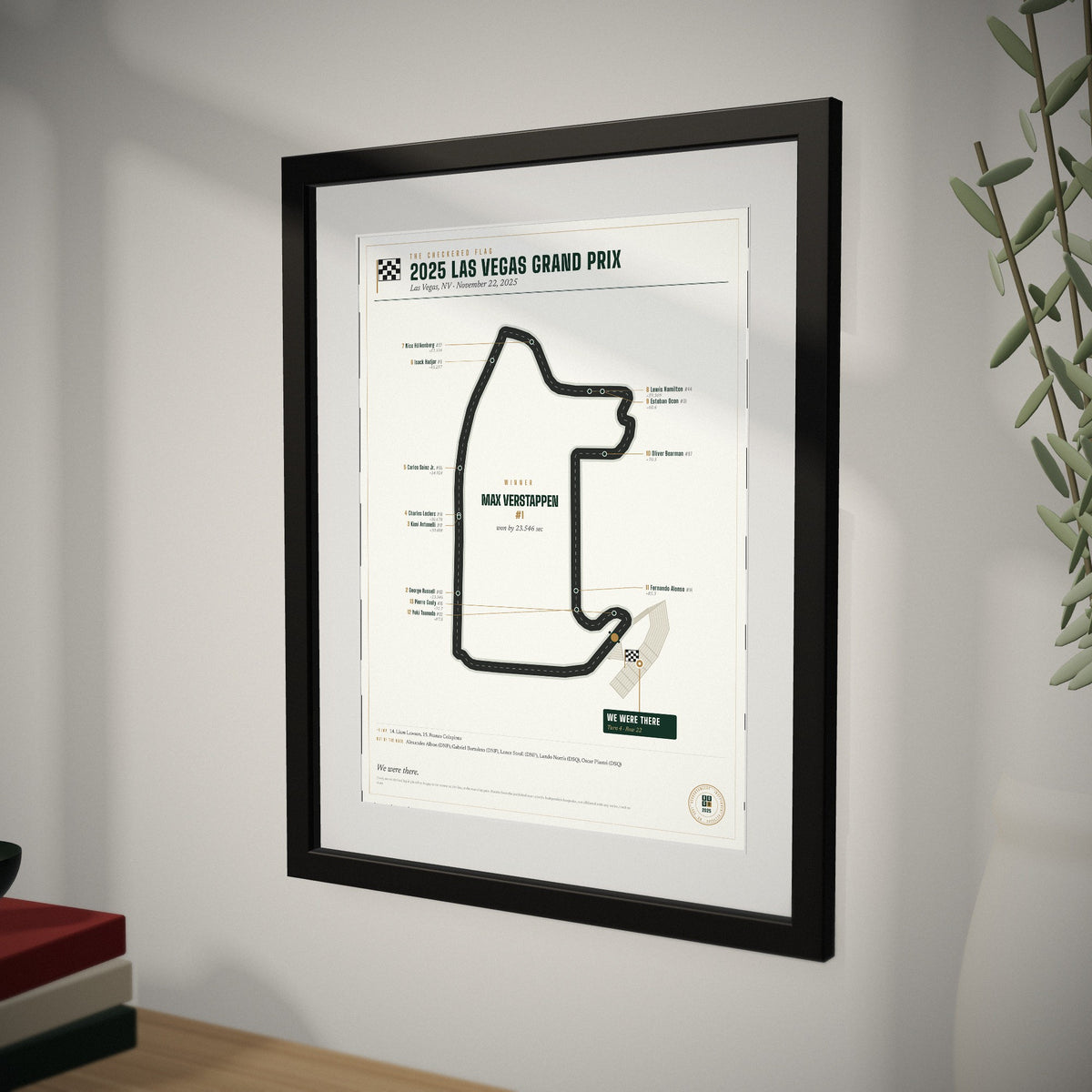 2025 Las Vegas Grand Prix Finish Print up close, showing the frame and mat