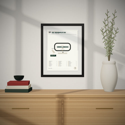 1982 Indianapolis 500 Finish Print hanging over a console table