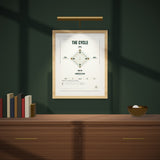The Cycle on a dark green wall under a picture light