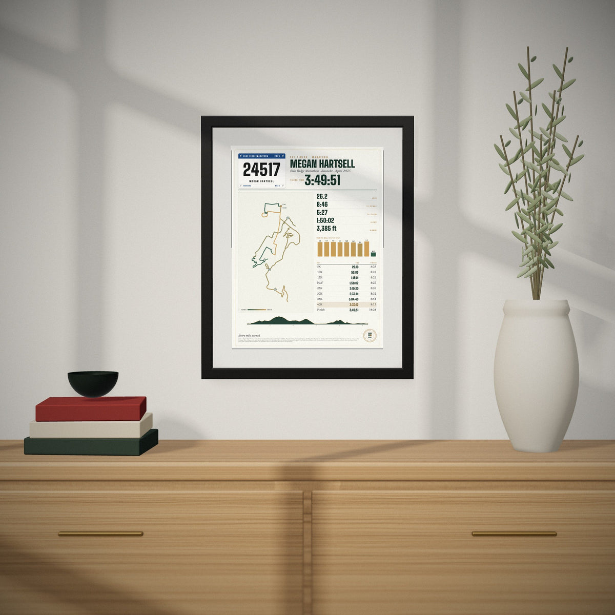 Blue Ridge Marathon Finisher Print hanging over a console table
