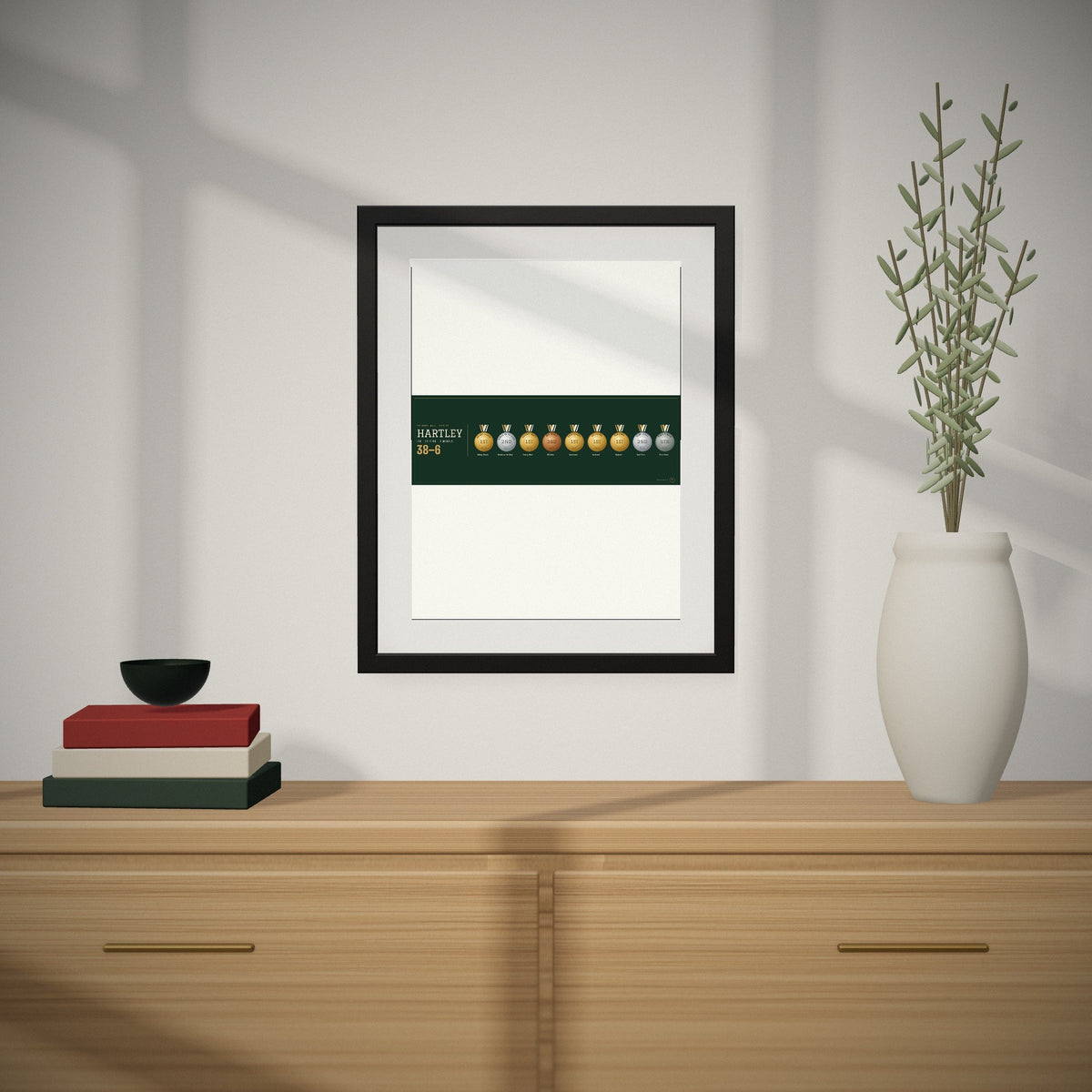 The Medal Wall hanging over a console table