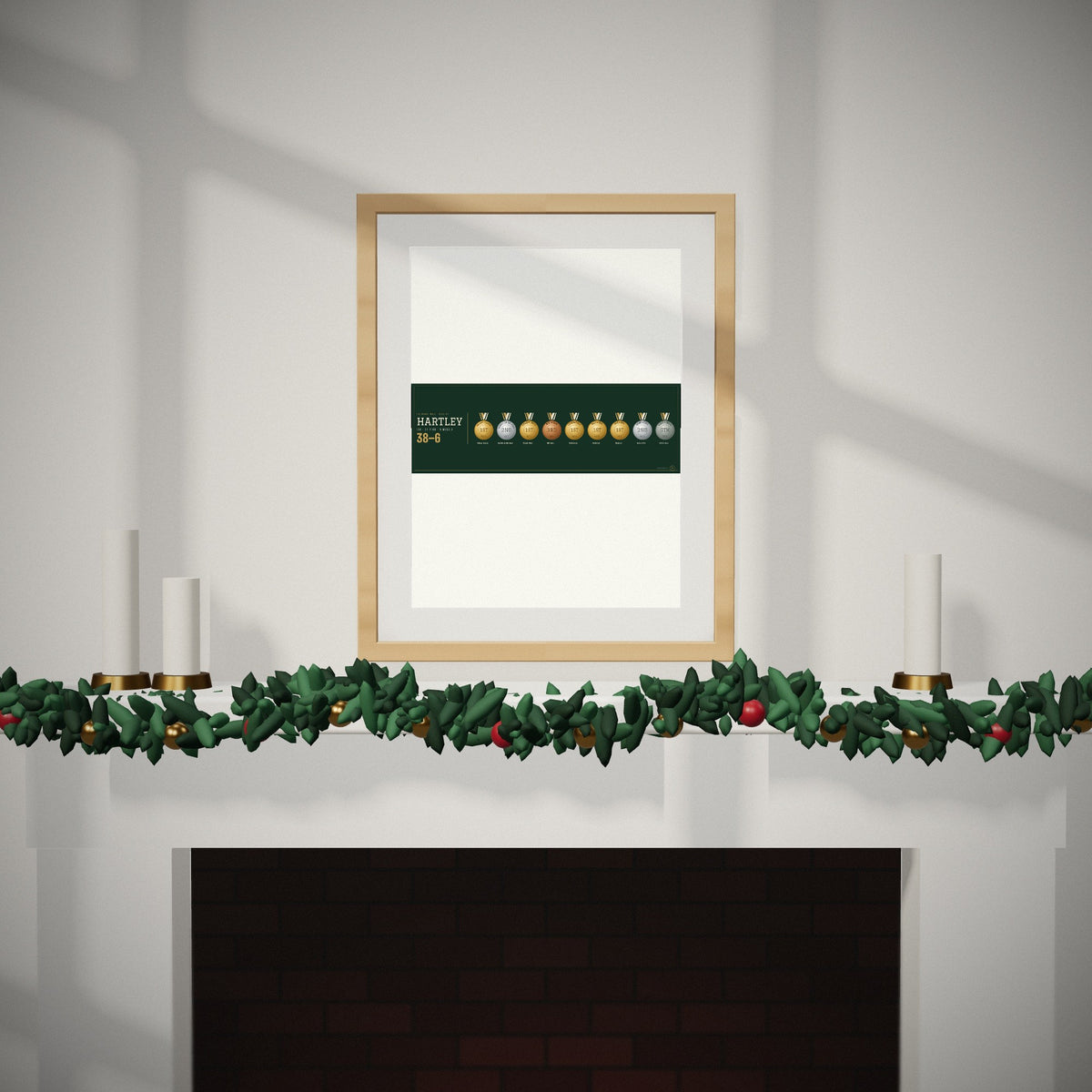 The Medal Wall over a mantel dressed for Christmas