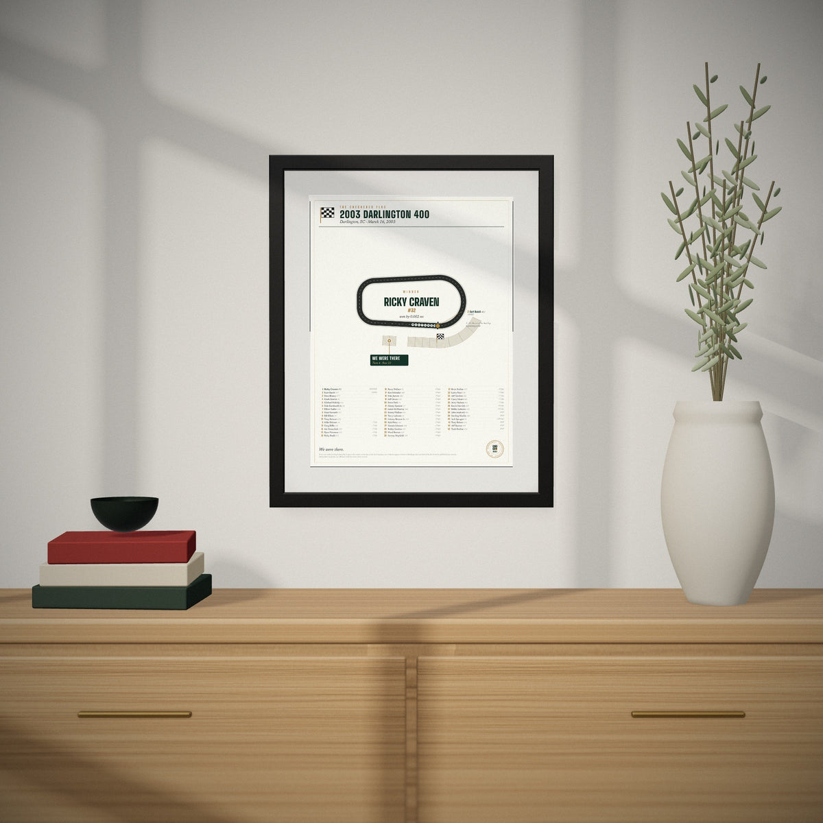 2003 Darlington 400 Finish Print hanging over a console table
