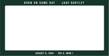 License plate frame with a personalized box score design