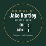 Hockey puck with a personalized box score design