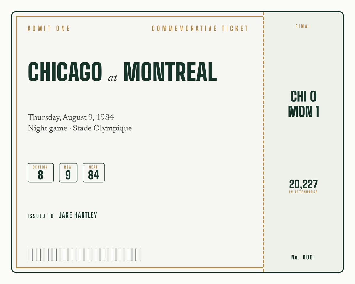 Commemorative ticket with a personalized box score design