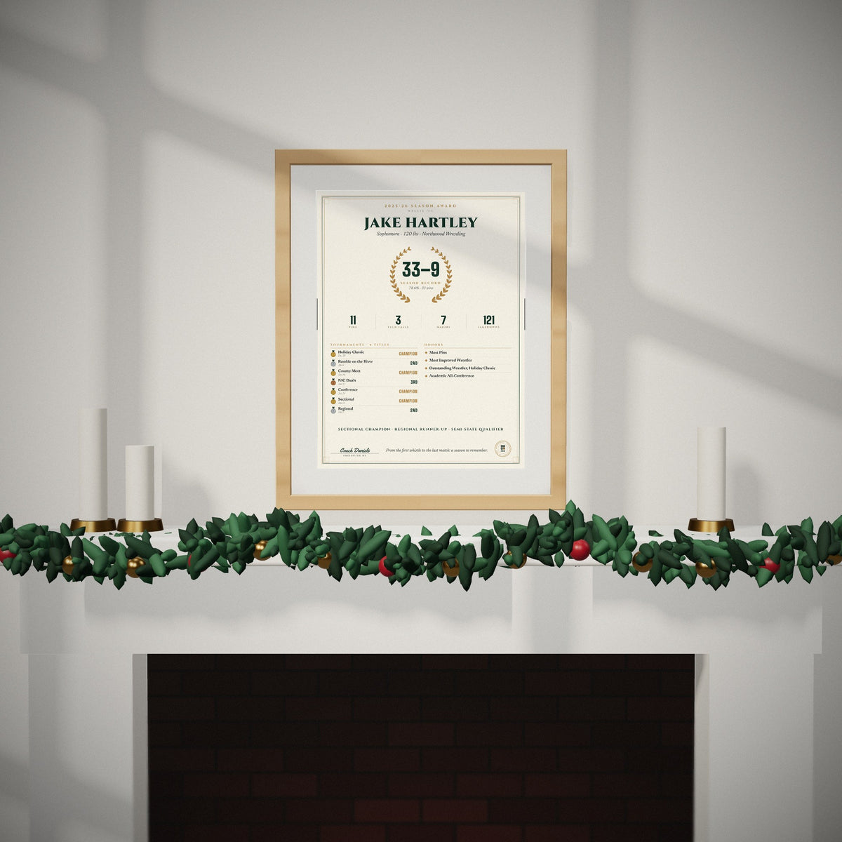The Season Award over a mantel dressed for Christmas