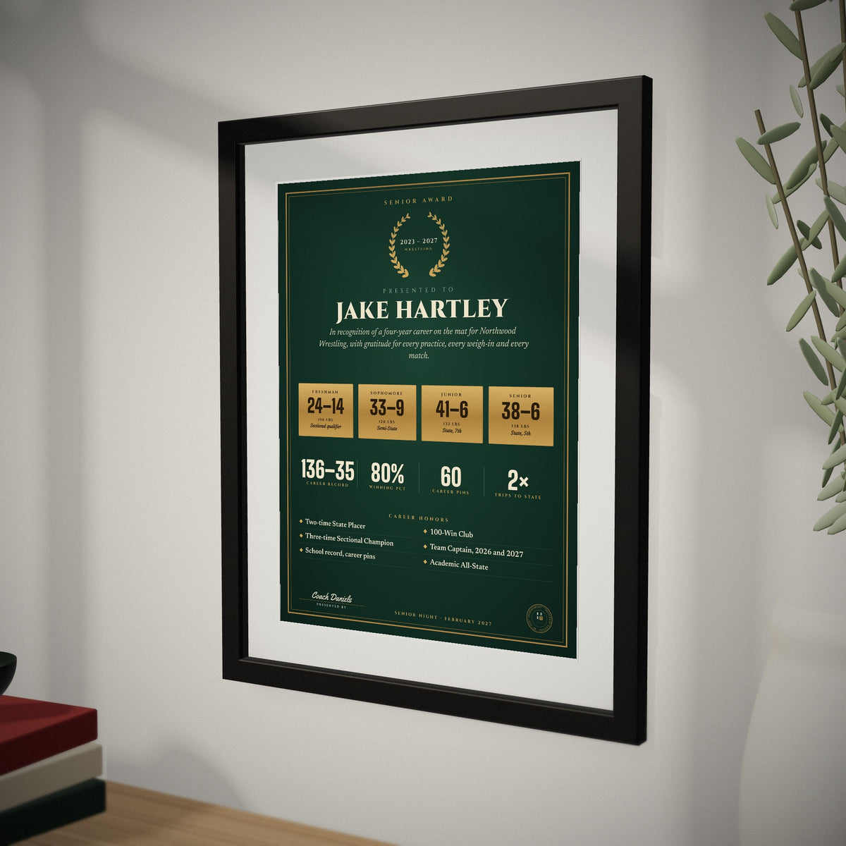 The Senior Award up close, showing the frame and mat