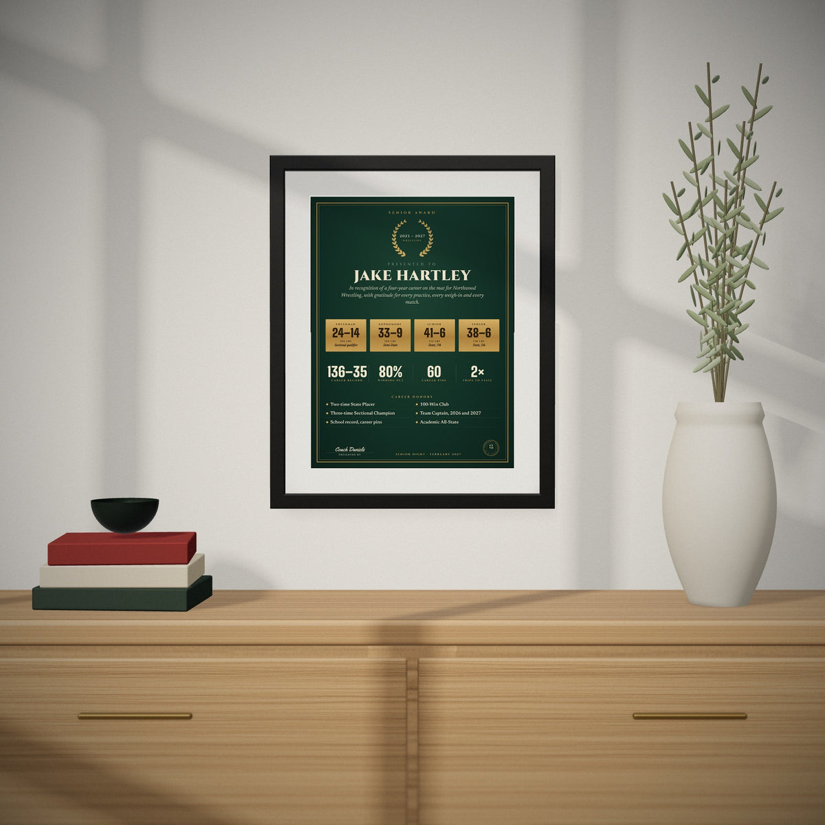 The Senior Award hanging over a console table