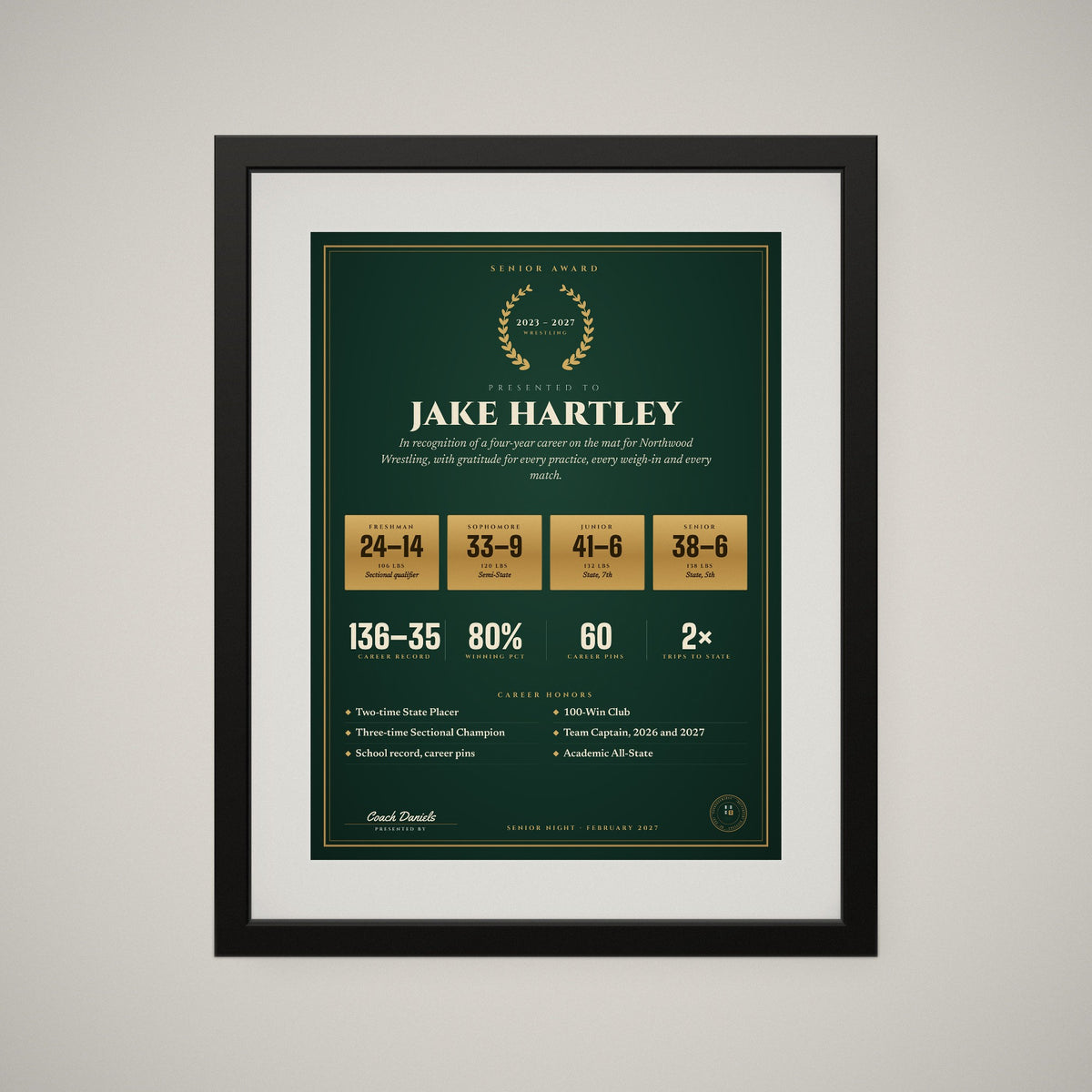 The Senior Award framed, straight on