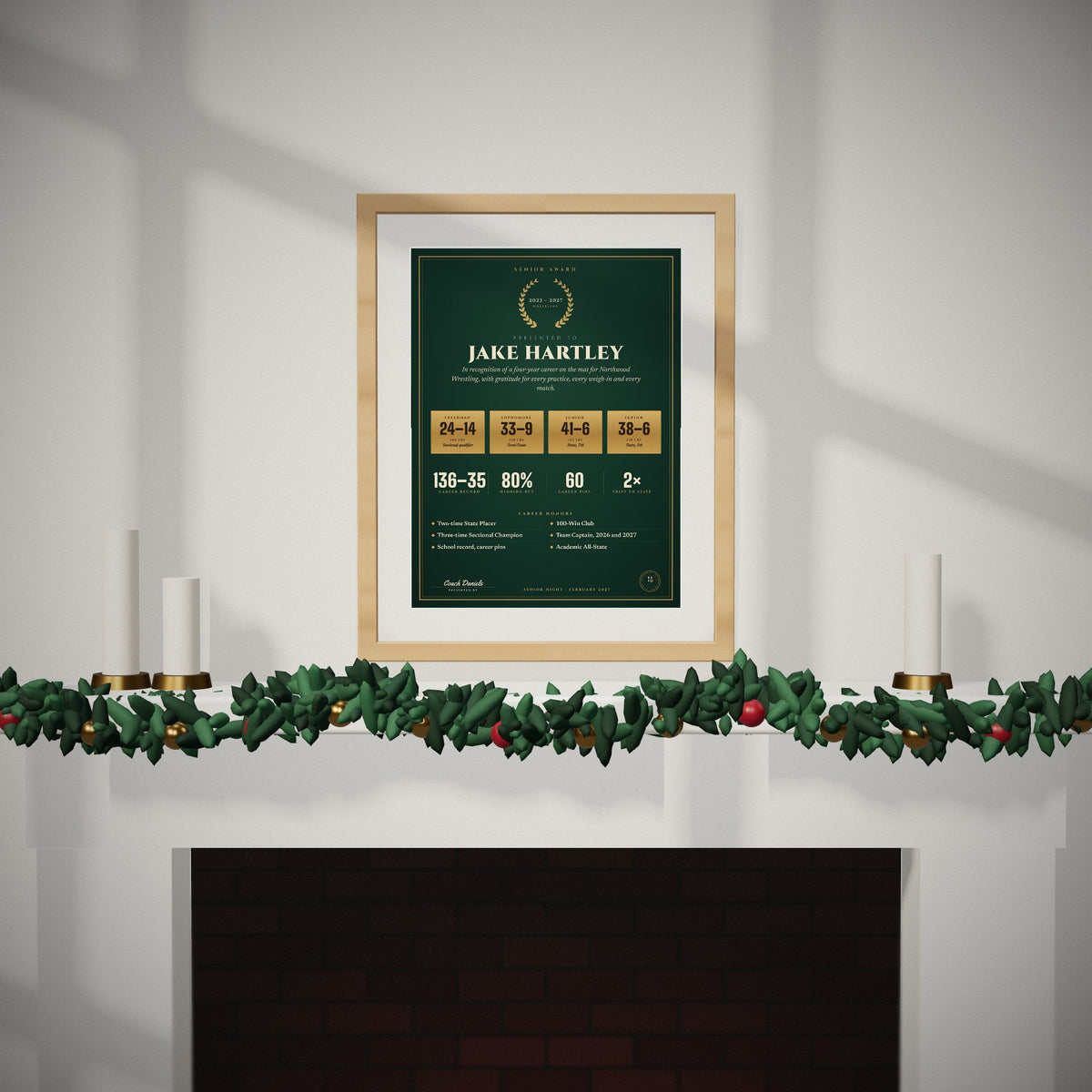 The Senior Award over a mantel dressed for Christmas