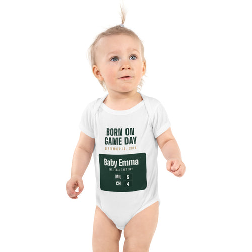 Baby bodysuit with a personalized box score design