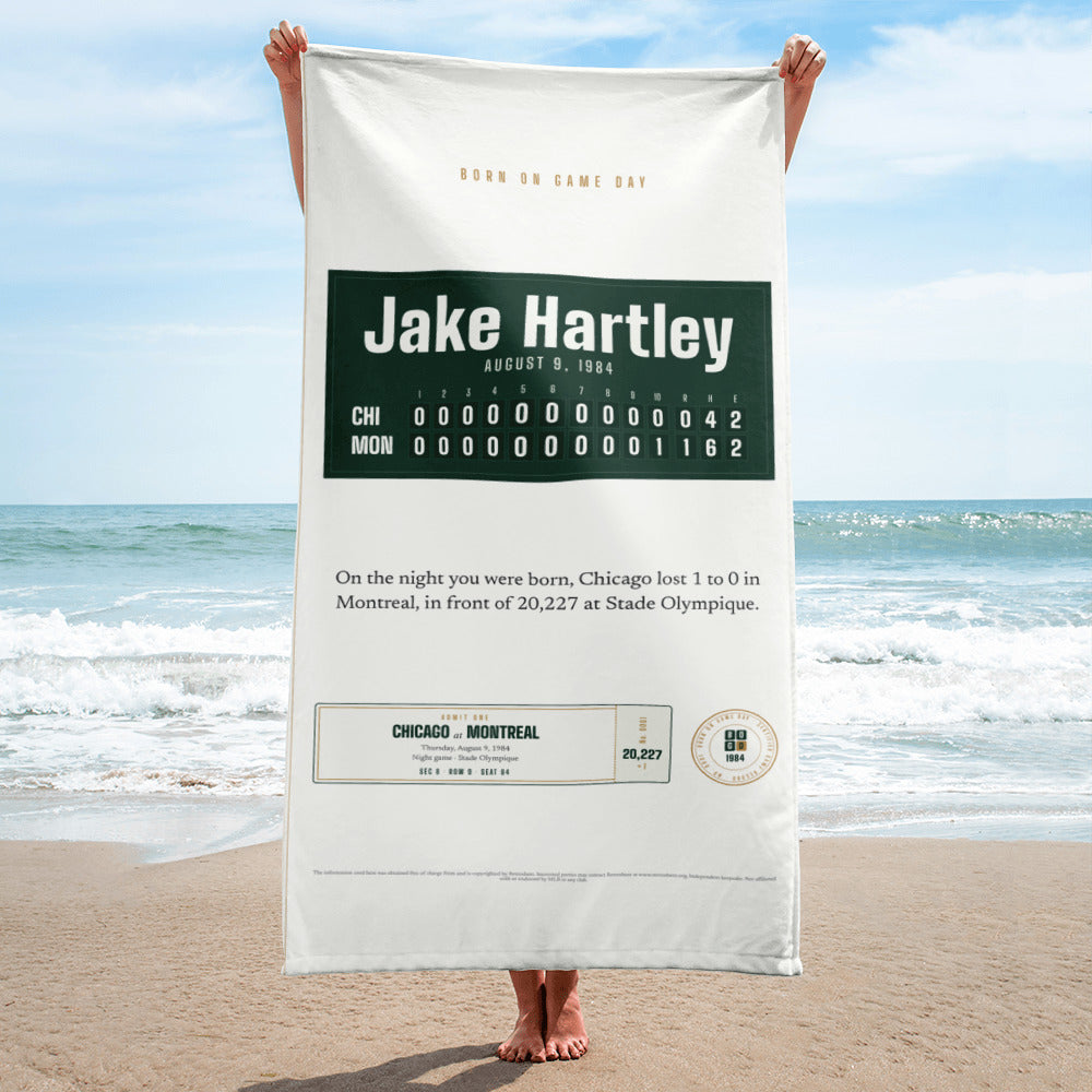 Beach towel with a personalized box score design