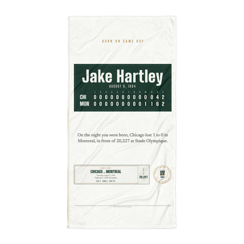 Beach towel with a personalized box score design