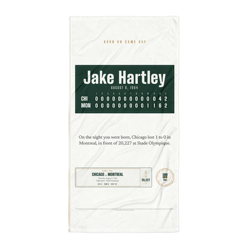 Beach towel with a personalized box score design