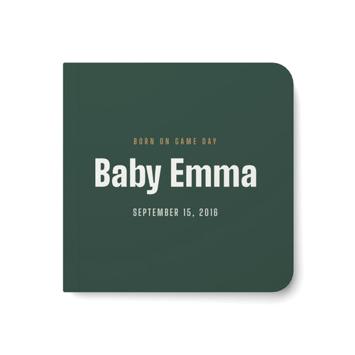 Board book with a personalized box score design