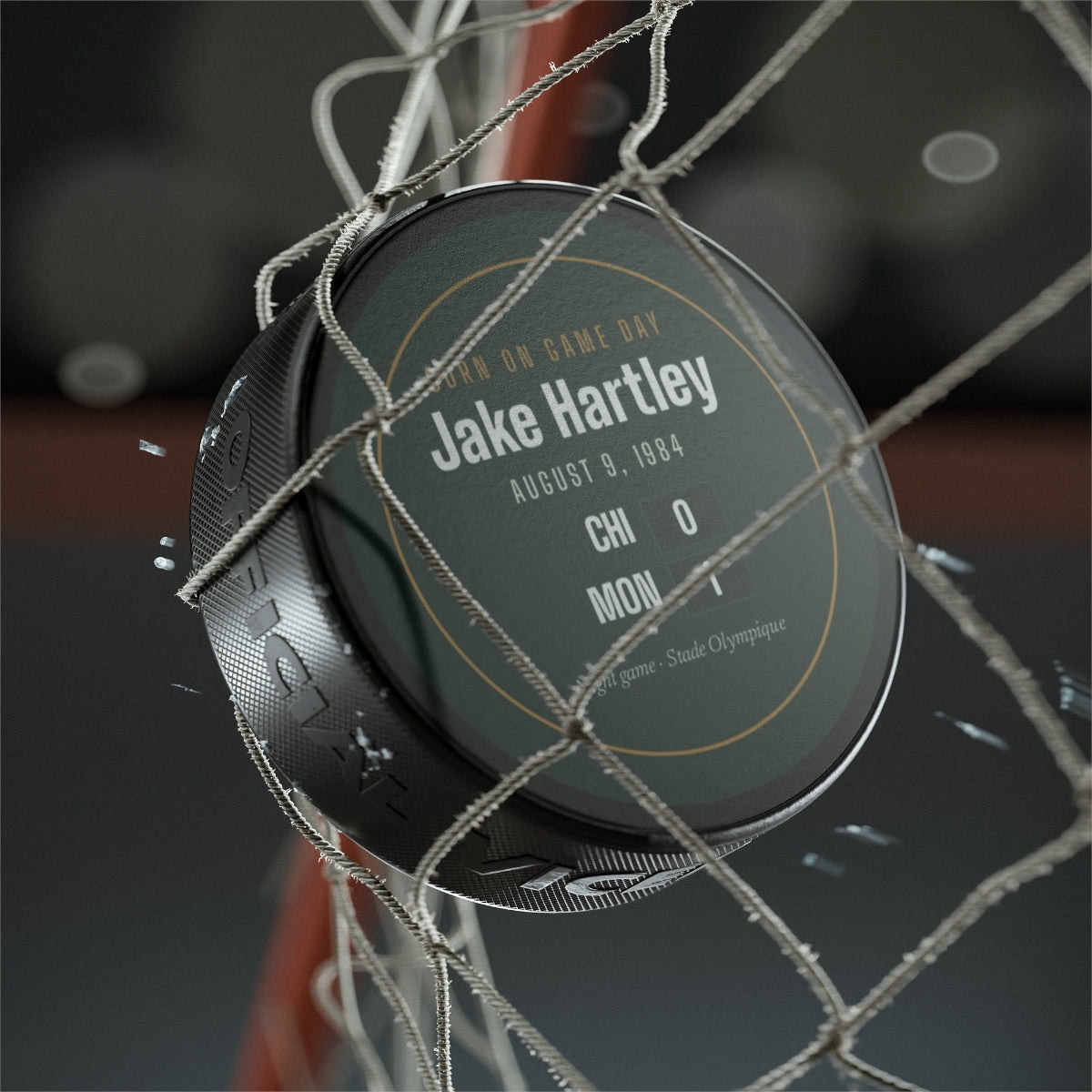 Hockey puck with a personalized box score design