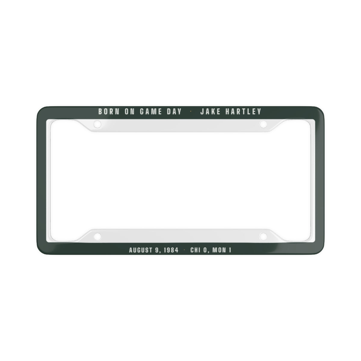 License plate frame with a personalized box score design
