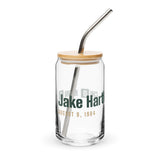 Can glass with a personalized box score design