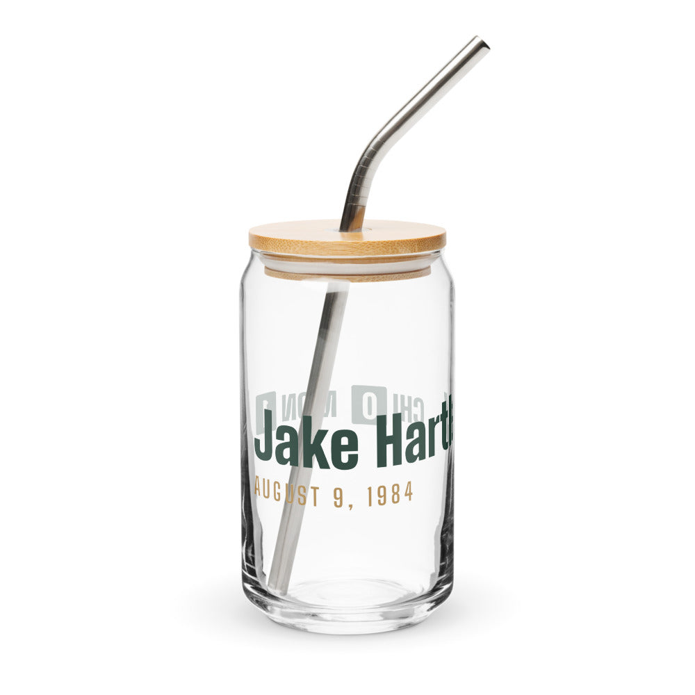 Can glass with a personalized box score design