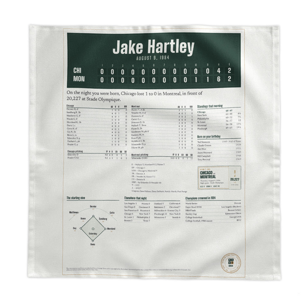 Tablecloth with a personalized box score design