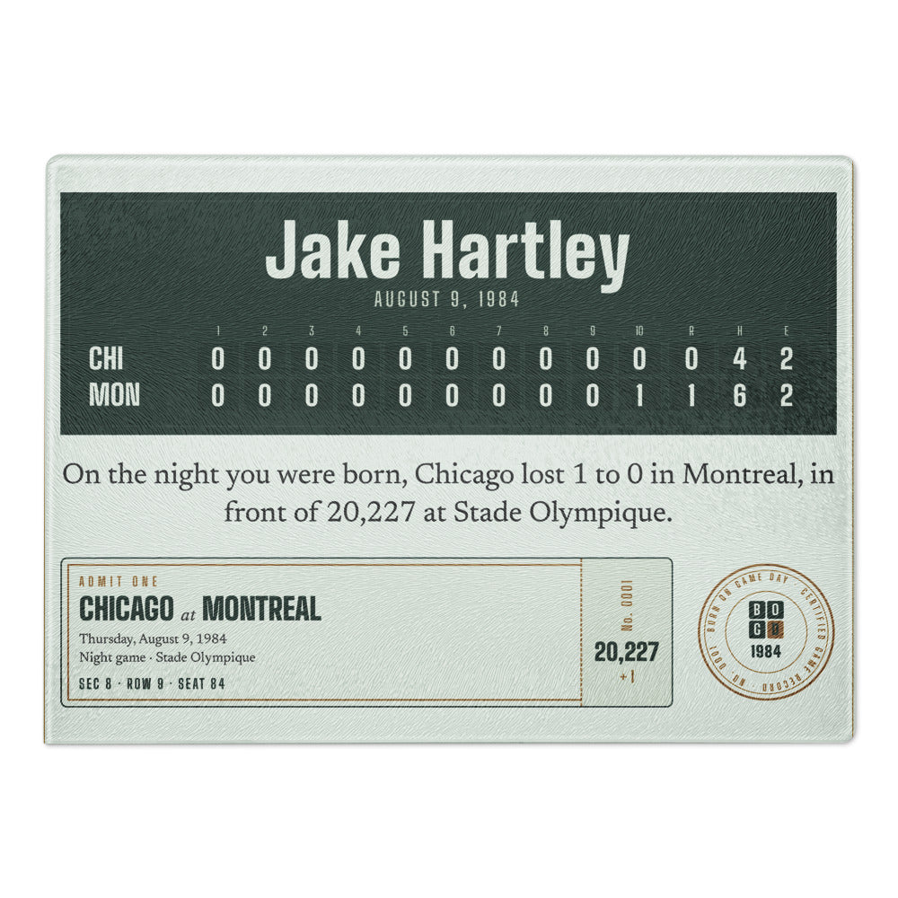 Cutting board with a personalized box score design