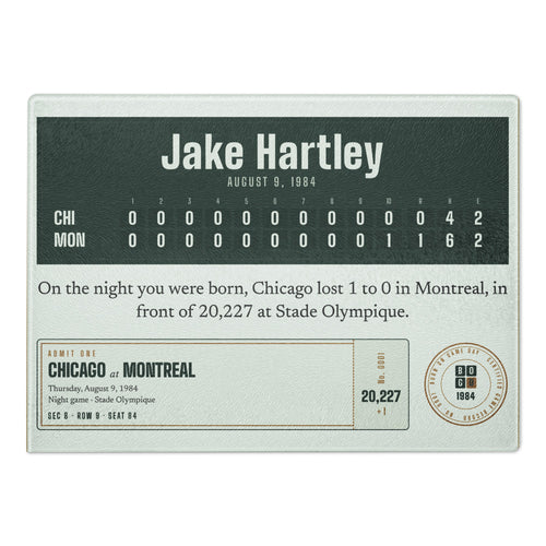 Cutting board with a personalized box score design