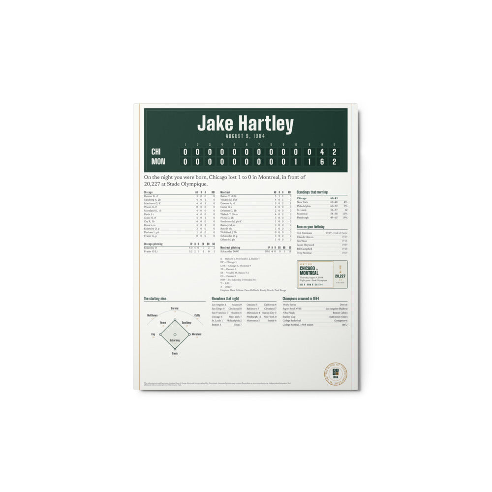 Metal print with a personalized box score design
