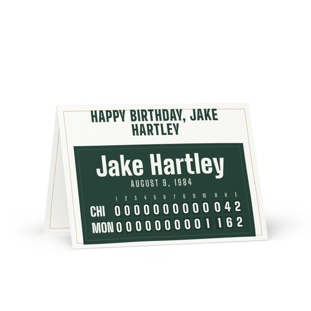 Greeting card with a personalized box score design