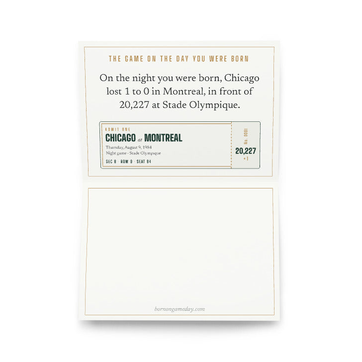 Greeting card with a personalized box score design