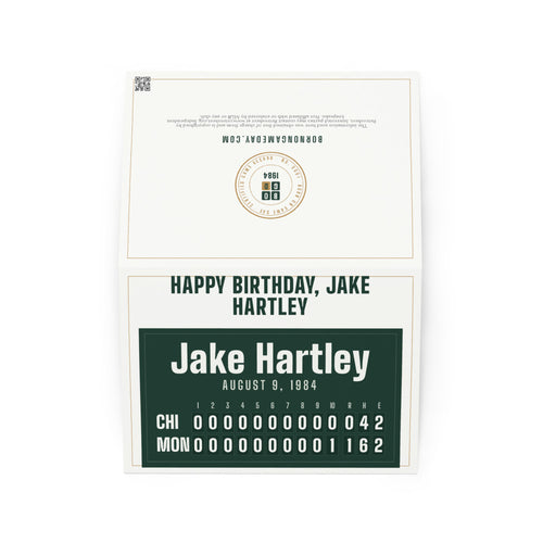 Greeting card with a personalized box score design