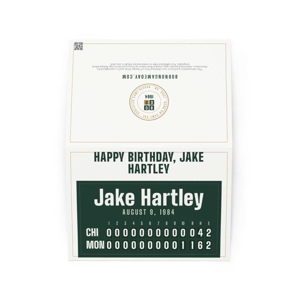 Greeting card with a personalized box score design
