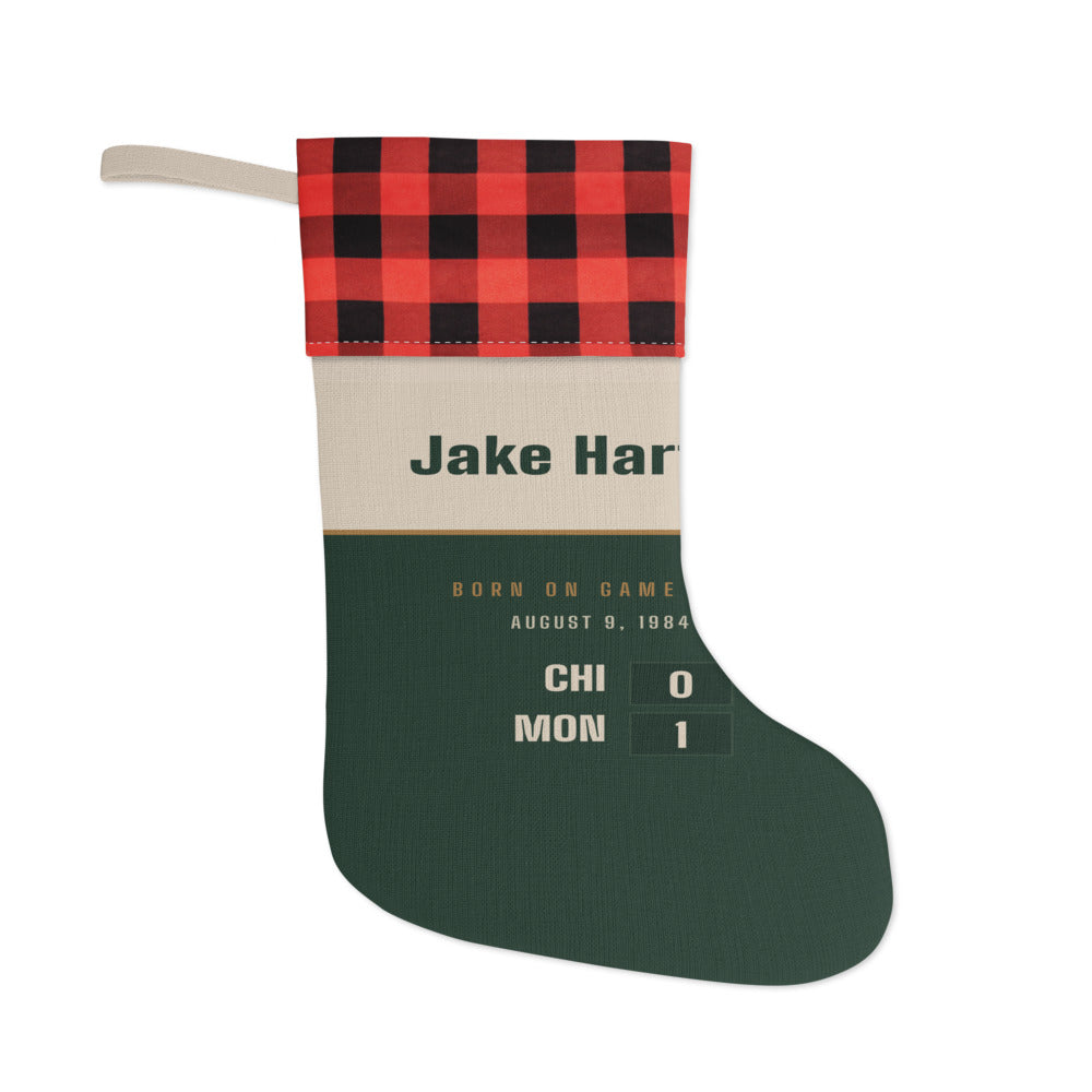 Christmas stocking with a personalized box score design