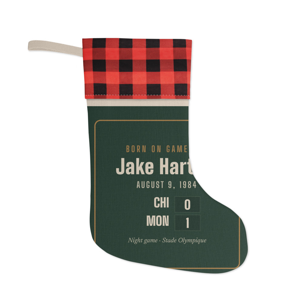 Christmas stocking with a personalized box score design