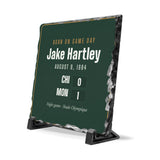 Slate plaque with a personalized box score design