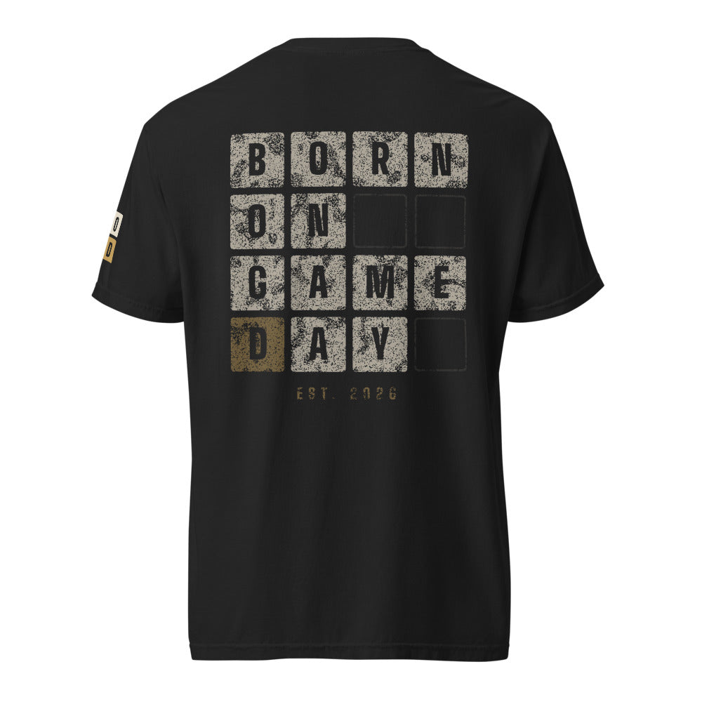 Scoreboard Tiles tee, BornOnGameDay brand line