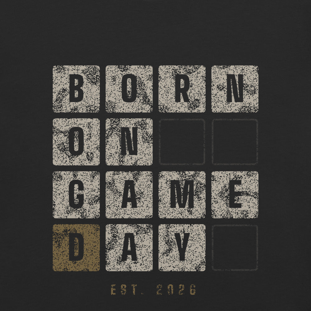 Scoreboard Tiles tee, BornOnGameDay brand line
