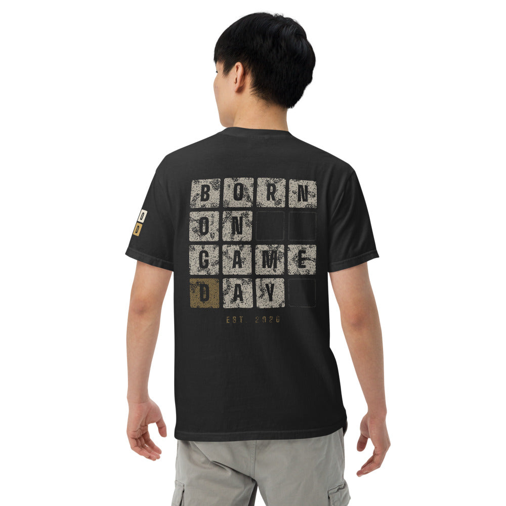 Scoreboard Tiles tee, BornOnGameDay brand line