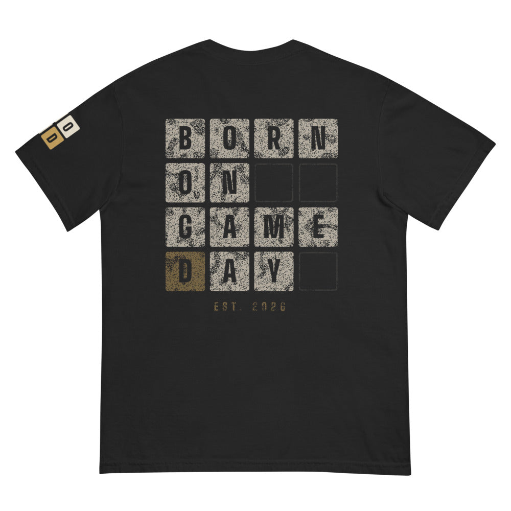 Scoreboard Tiles tee, BornOnGameDay brand line