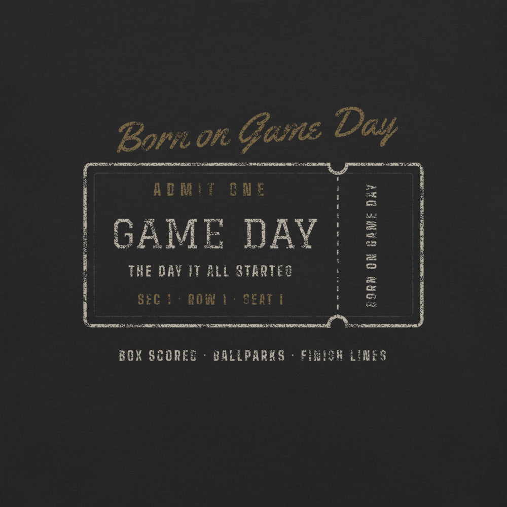 Admit One tee, BornOnGameDay brand line