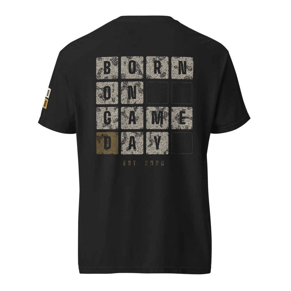 Scoreboard Tiles tee, BornOnGameDay brand line
