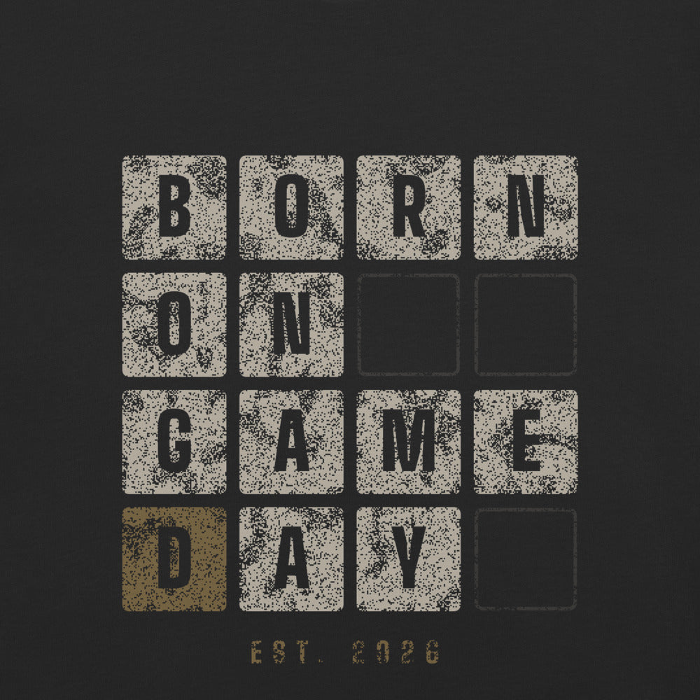 Scoreboard Tiles tee, BornOnGameDay brand line