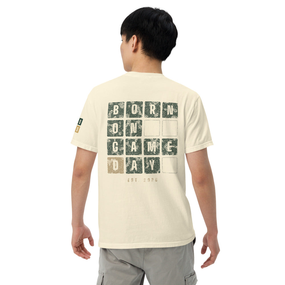 Scoreboard Tiles tee, BornOnGameDay brand line