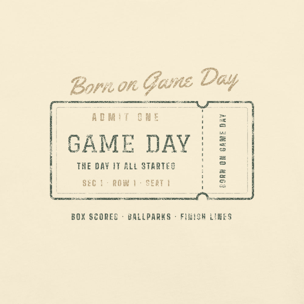 Admit One tee, BornOnGameDay brand line